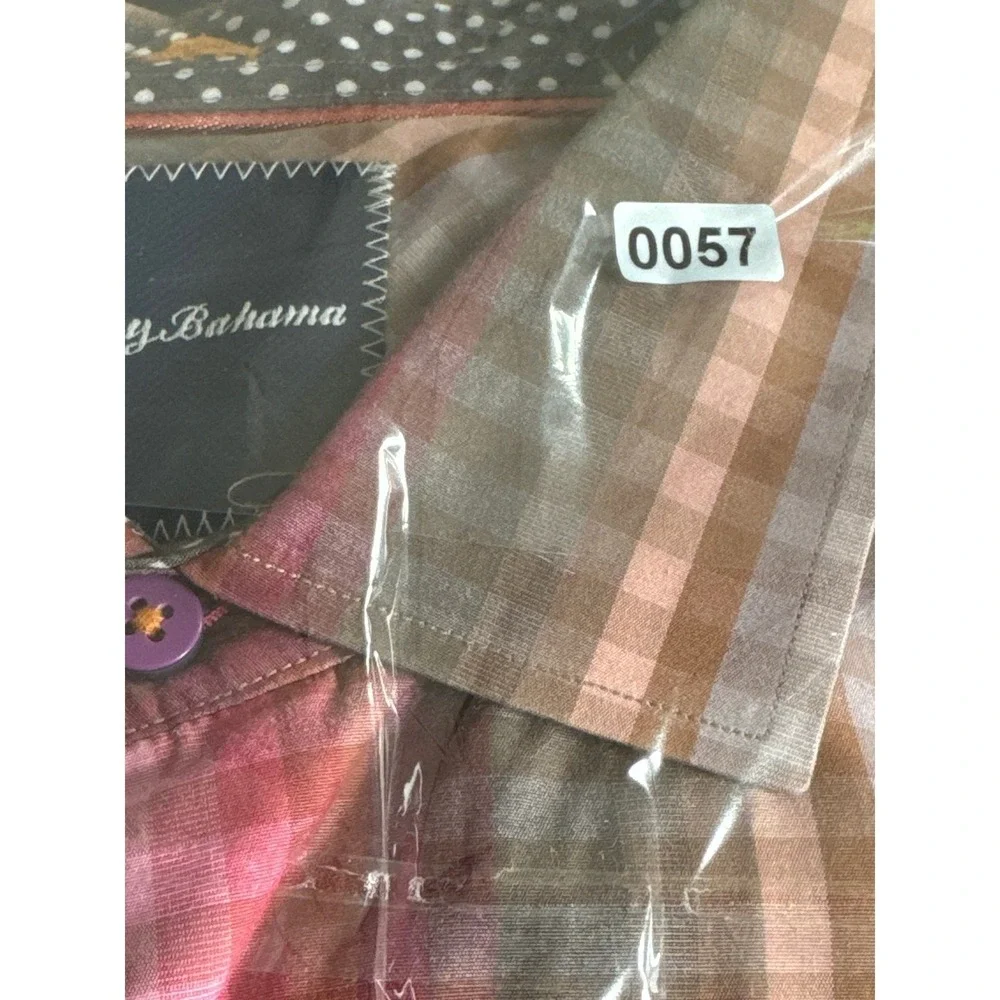 Tommy Bahama Mens XL Plaid Long Sleeve Button‎ Down Shirt Pink Brown Gray Cotton
